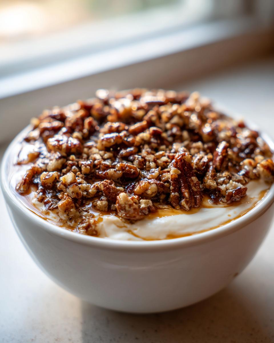 Close-up of creamy pecan pie dip topped generously with glazed, candied pecans.