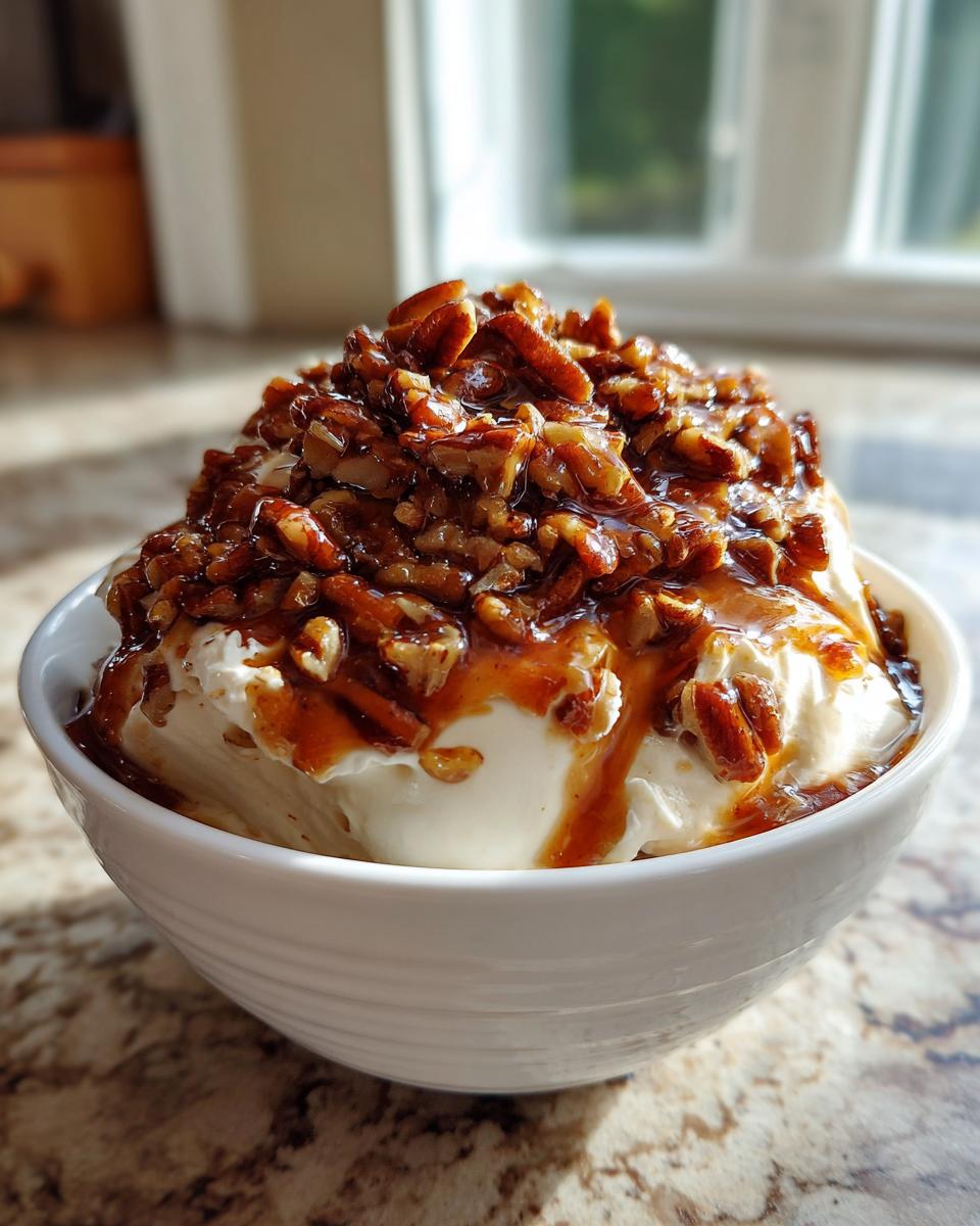 A white bowl filled with creamy pecan pie dip, generously topped with glazed pecans and caramel sauce.