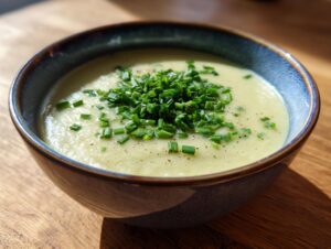 A close-up of creamy potato leek soup in a dark bowl, generously garnished with chopped fresh chives and pepper.