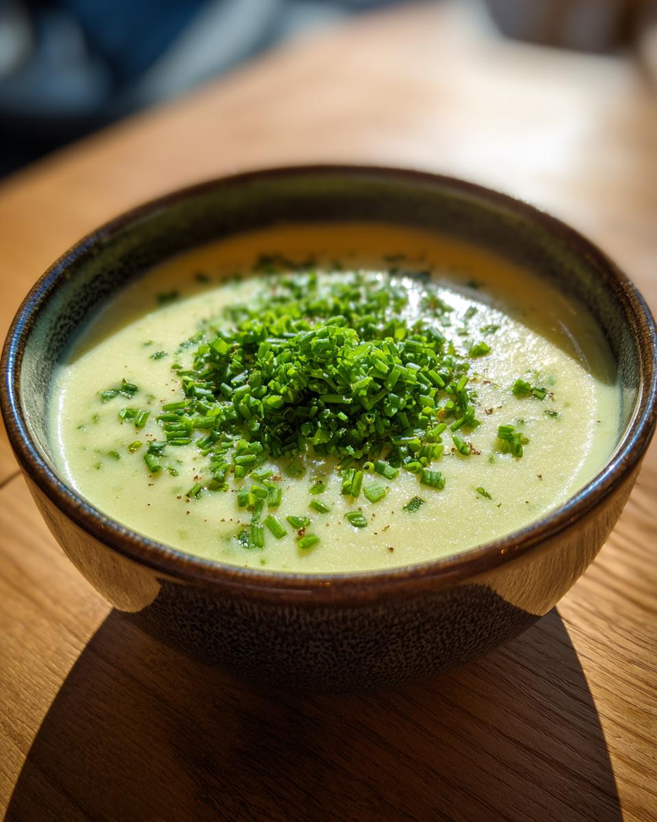 A close-up of creamy potato leek soup in a dark bowl, generously garnished with bright green chopped chives.