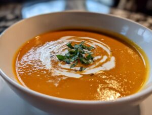 Close-up of a bowl of vibrant orange, creamy pumpkin soup topped with a swirl of cream and fresh chopped herbs.