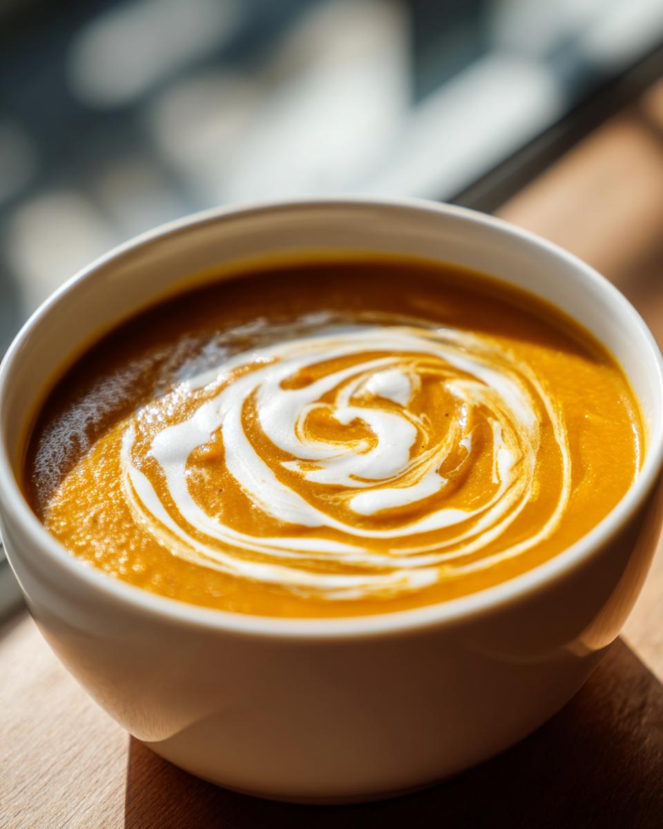 Close-up of vibrant orange pumpkin soup topped with a swirl of white cream.