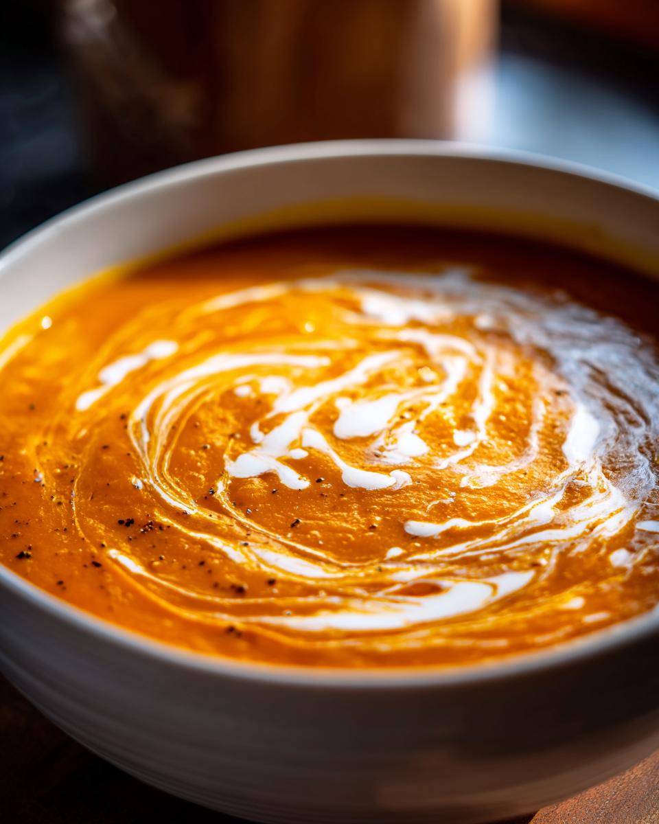Close-up of a bowl of vibrant orange pumpkin soup, swirled with cream and sprinkled with black pepper.