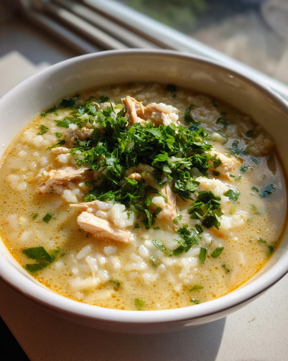 A comforting bowl of creamy rice soup topped with shredded chicken and fresh parsley garnish.