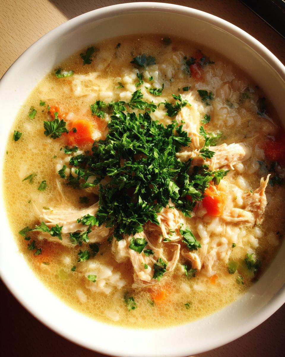 A close-up overhead view of a creamy rice soup bowl, featuring shredded chicken, carrots, and topped with fresh parsley.