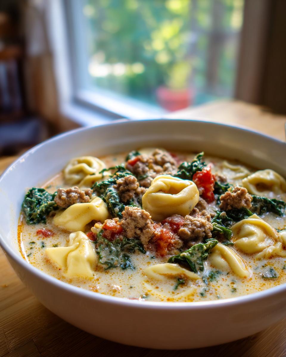 A close-up of creamy sausage tortellini soup with spinach and tomatoes in a white bowl.