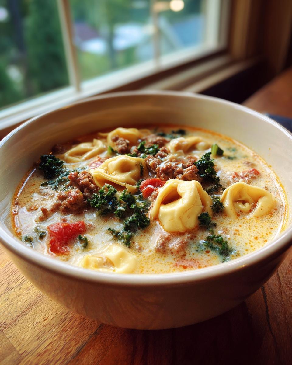 A close-up of a creamy sausage tortellini soup with kale and tomatoes in a white bowl.