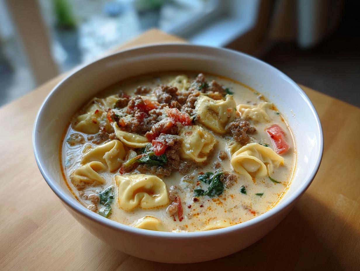 A close-up of a white bowl filled with creamy sausage tortellini soup, topped with ground sausage and grated cheese.