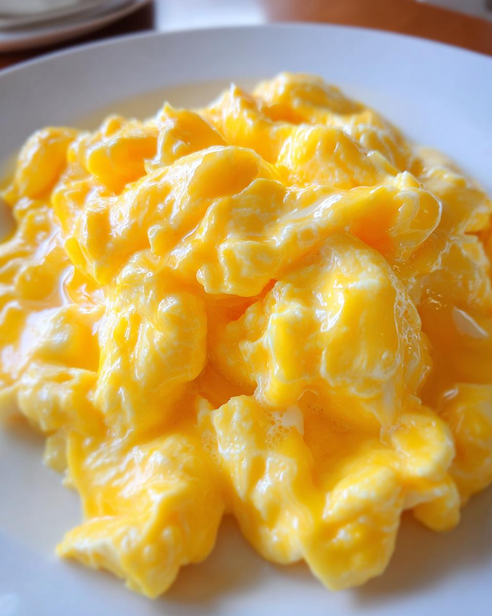 Close-up of incredibly creamy and fluffy scrambled eggs served on a white plate.