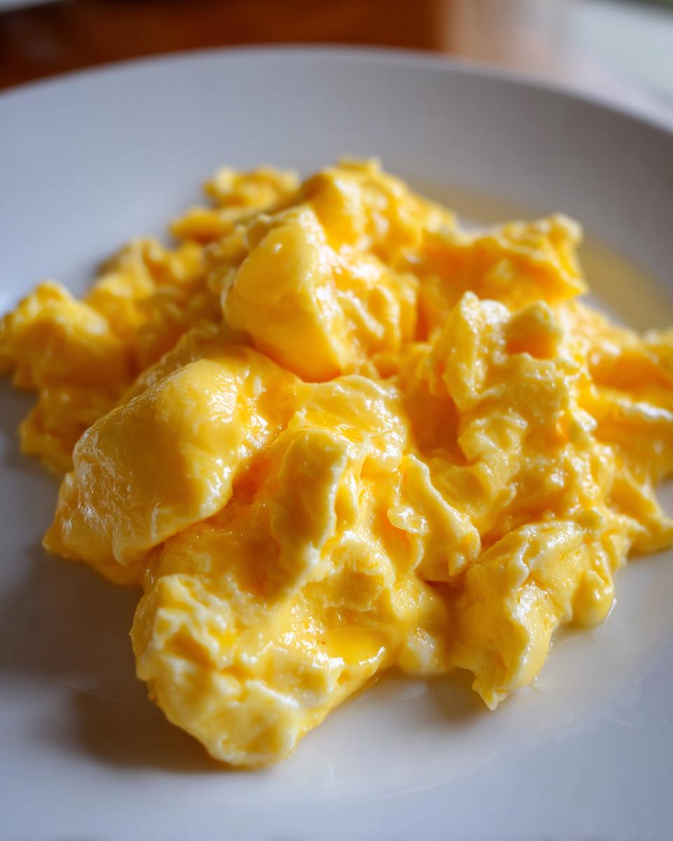 A close-up of fluffy, moist, and creamy scrambled eggs served on a white plate.