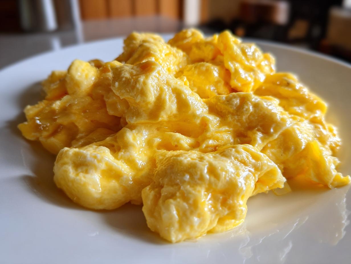 Close-up of fluffy, creamy scrambled eggs served on a bright white plate.