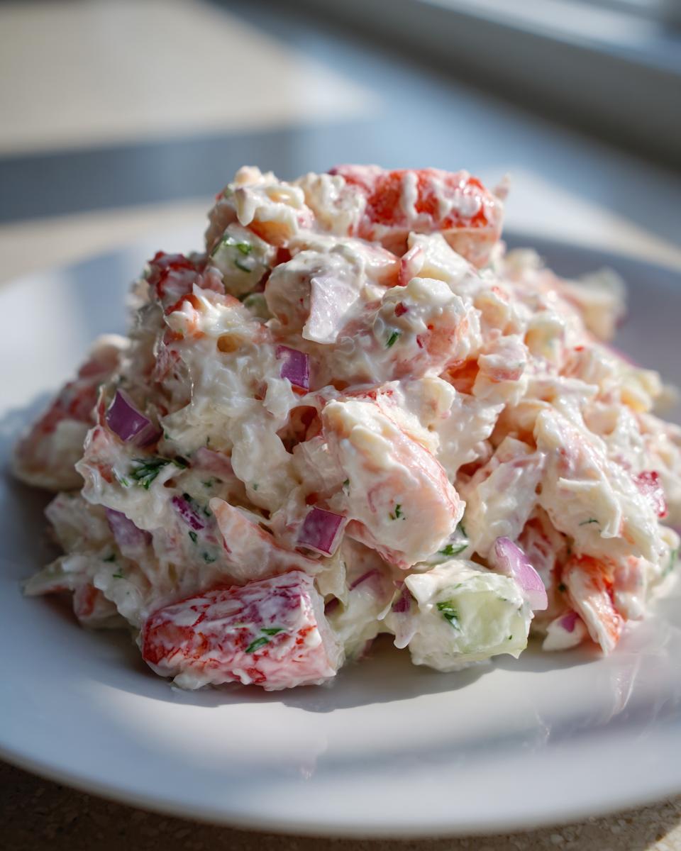 A mound of creamy seafood salad featuring pink seafood chunks, diced red onion, and cucumber on a white plate.
