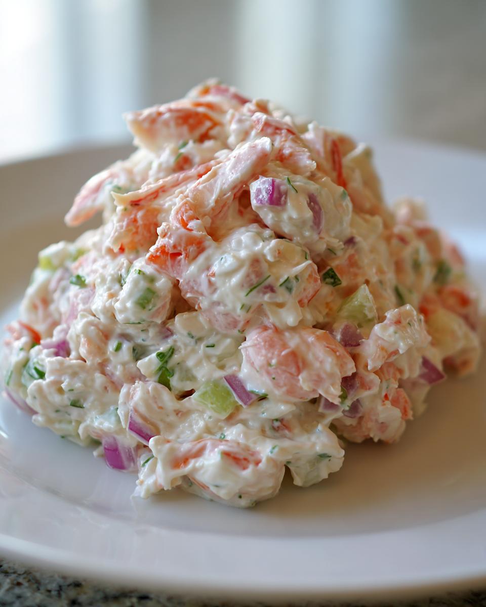 A mound of creamy seafood salad featuring pink shrimp, red onion, and green herbs on a white plate.