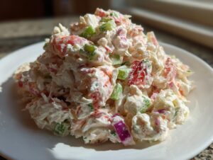 A mound of creamy seafood salad featuring chunks of white and pink seafood mixed with diced green celery and purple onion on a white plate.