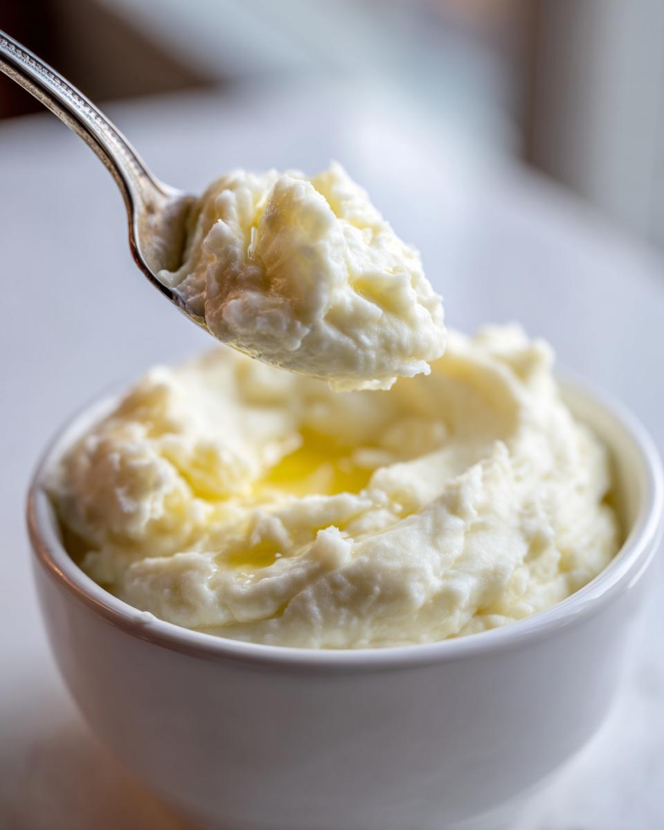 A spoonful of creamy slow cooker mashed potatoes topped with melted butter being lifted from a white bowl.