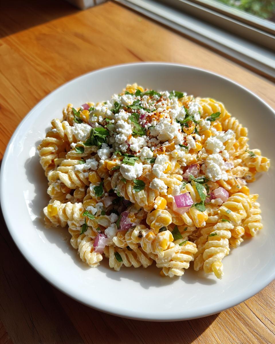 A serving of creamy street corn pasta salad featuring fusilli pasta, corn, red onion, and topped with cotija cheese and cilantro.