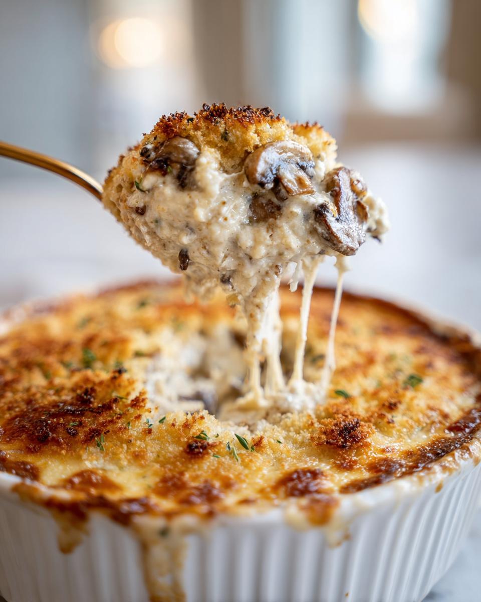 A spoonful of creamy, cheesy stuffed mushroom dip being lifted from a baked dish, showing melted cheese strings.