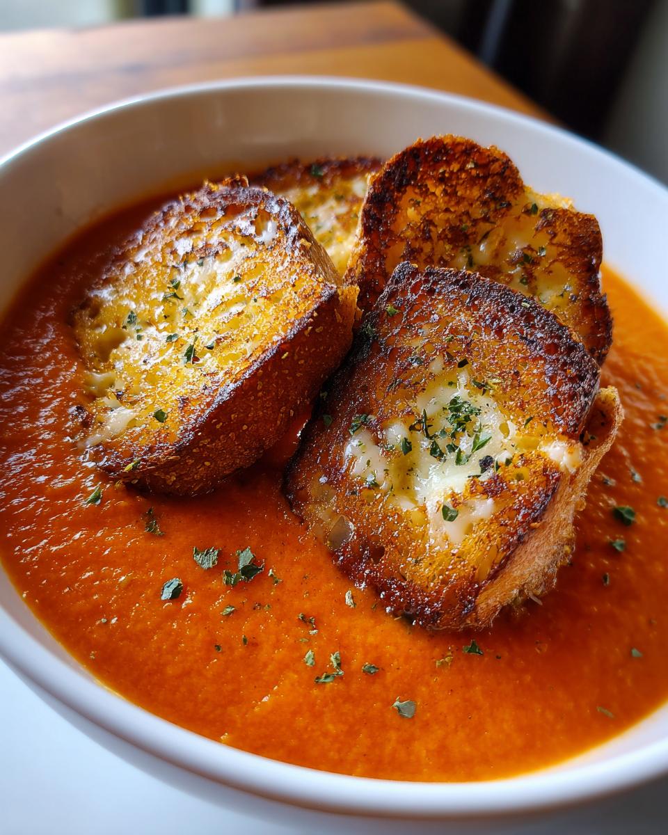 Close-up of rich tomato bisque topped with three pieces of toasted, cheesy bread.