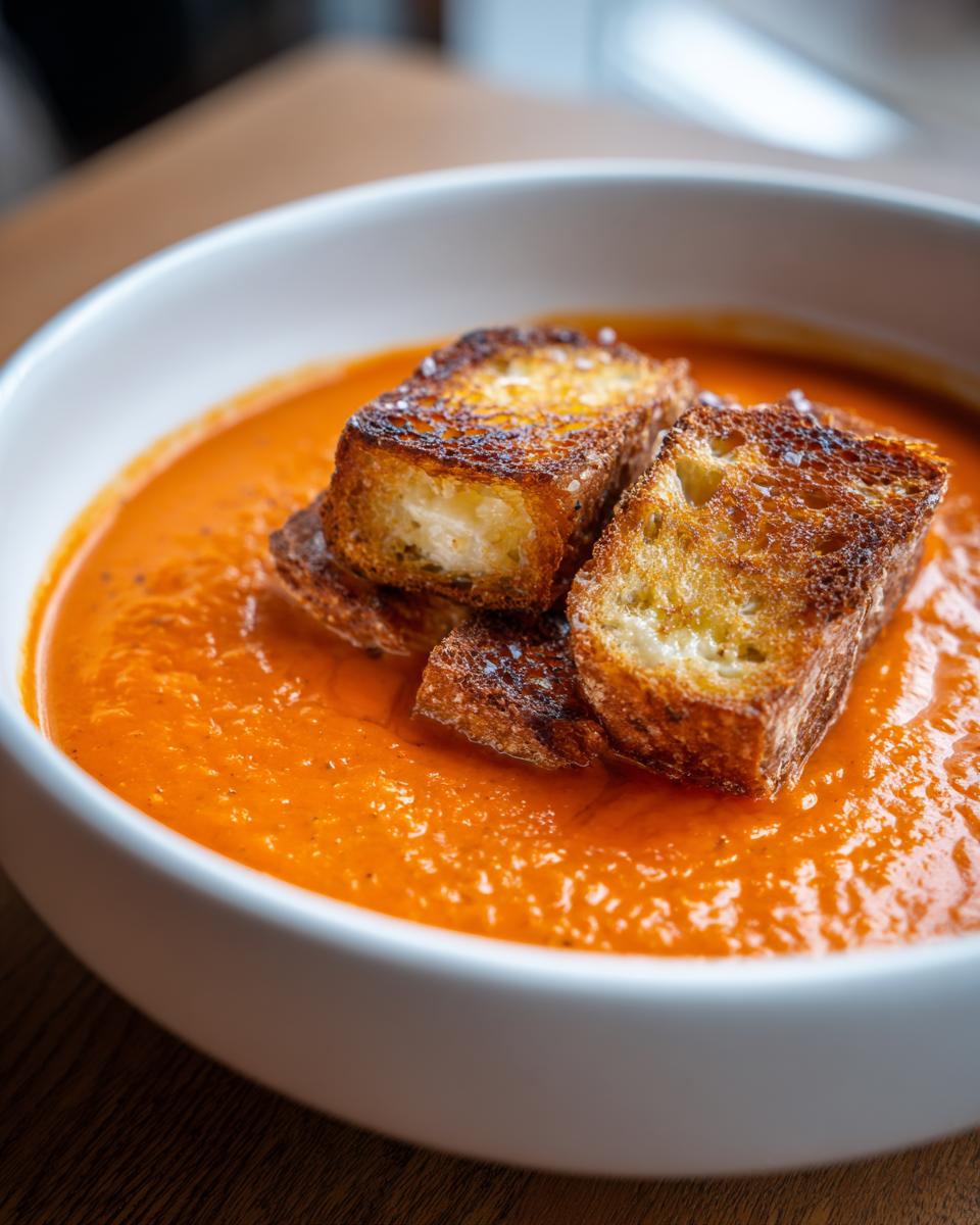 Close-up of a rich, orange tomato bisque in a white bowl, topped with crispy grilled cheese croutons.