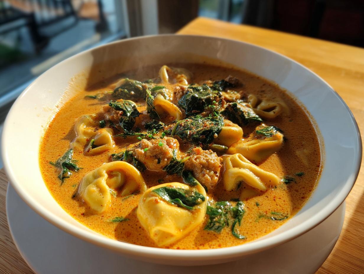 Close-up of a steaming bowl of creamy, orange-hued tortellini soup filled with pasta, sausage, and wilted spinach.