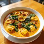 A close-up of a hearty bowl of creamy tortellini soup featuring cheese tortellini, sausage crumbles, and wilted spinach.
