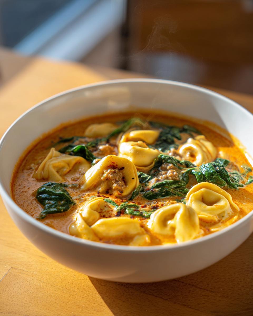 Close-up of a steaming white bowl filled with creamy, orange-hued tortellini soup featuring cheese tortellini and wilted spinach.
