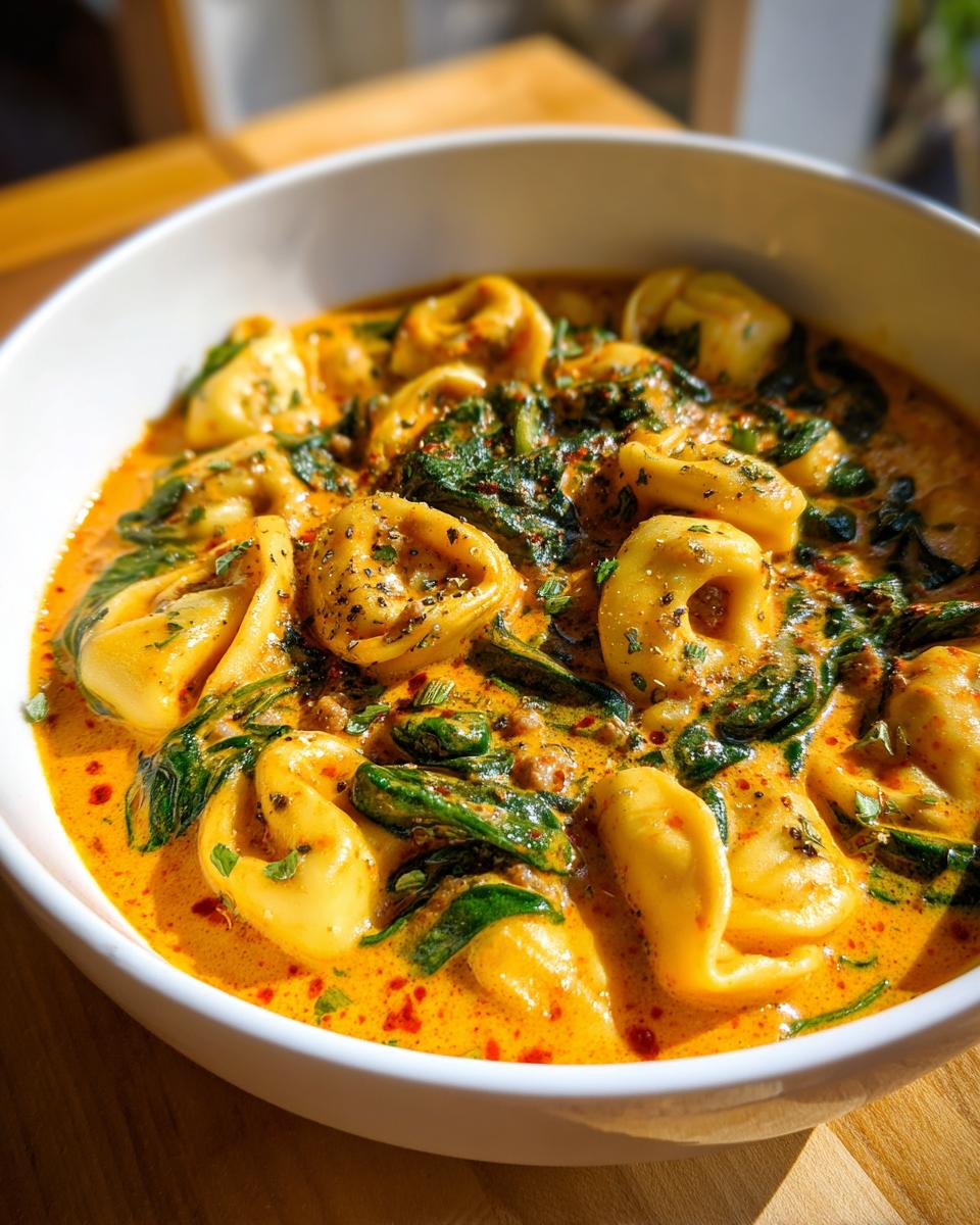 Close-up of creamy, orange-hued tortellini soup filled with cheese tortellini and wilted spinach.