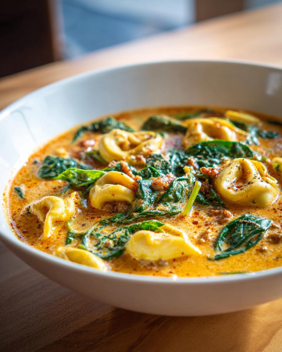 Close-up of a white bowl filled with creamy tortellini soup featuring pasta, wilted spinach, and ground meat.