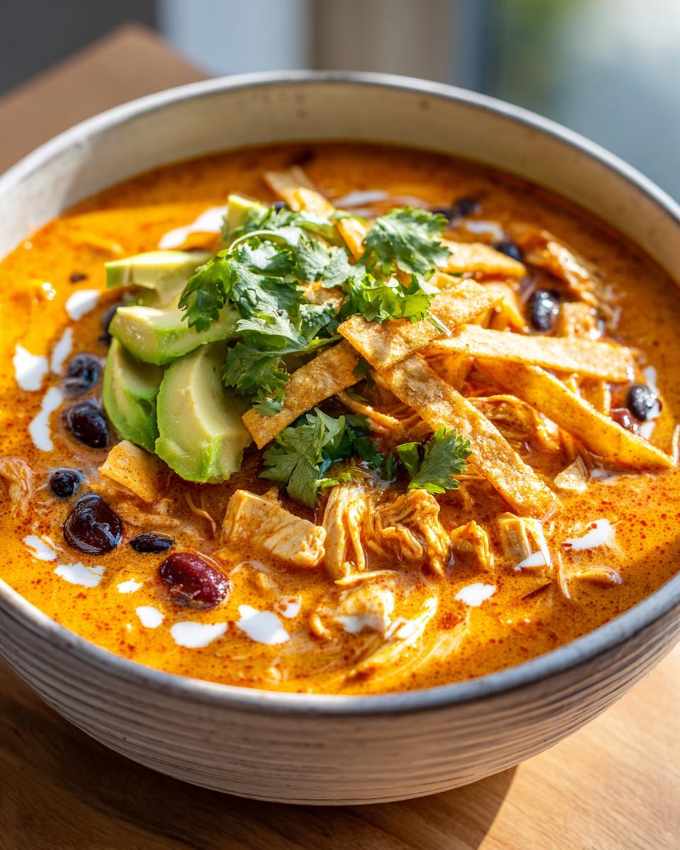 Close-up of creamy orange tortilla soup filled with shredded chicken, black beans, avocado slices, and crispy tortilla strips.