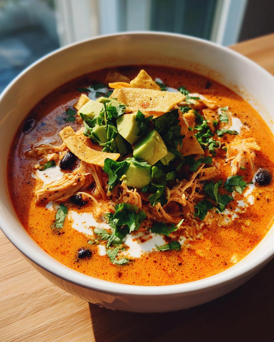 Close-up of a bowl of creamy tortilla soup with shredded chicken, topped with avocado, tortilla chips, and fresh cilantro.