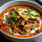 Close-up of a bowl of creamy tortilla soup featuring shredded chicken, black beans, and topped with crispy tortilla strips.