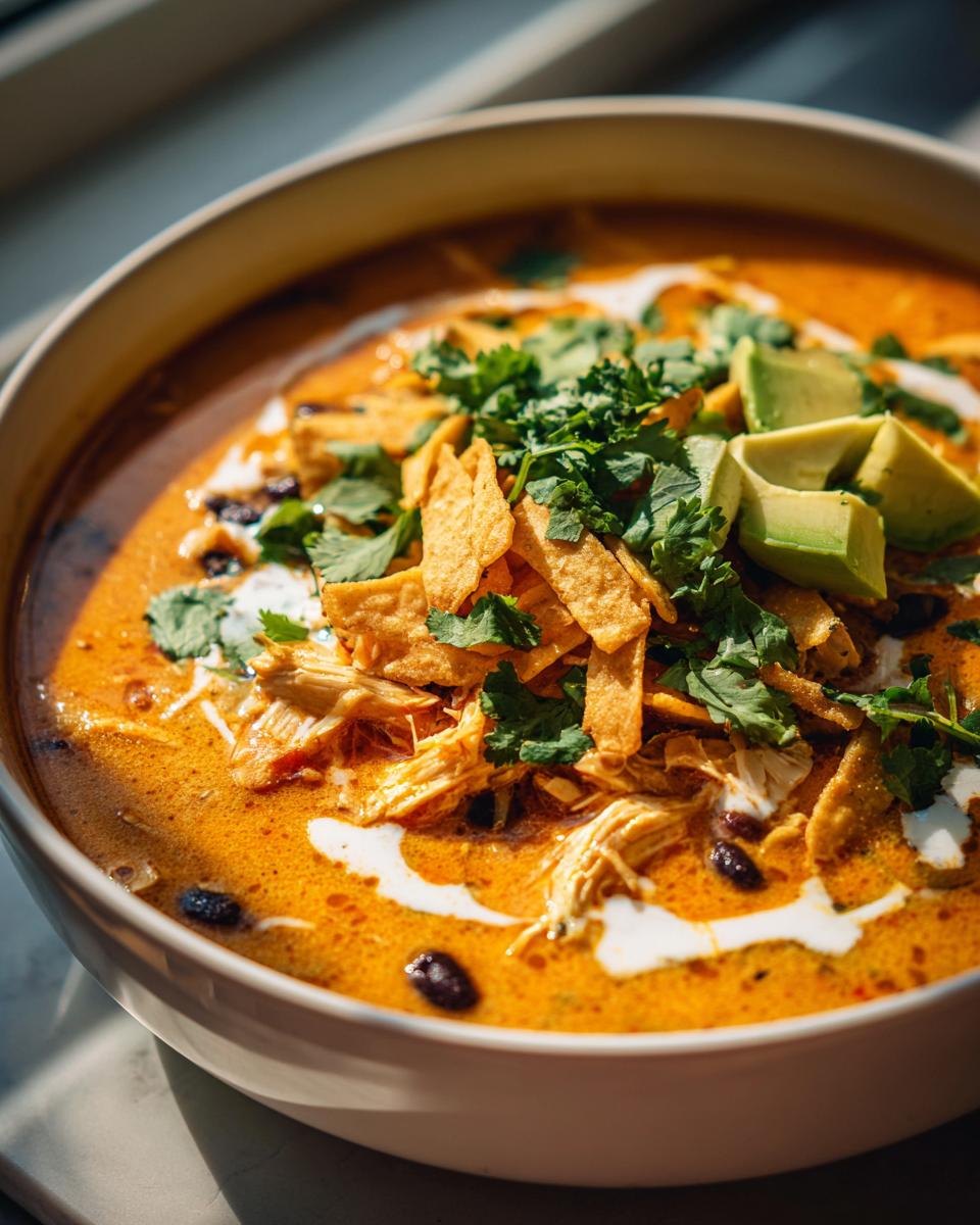 Close-up of a bowl of creamy tortilla soup, garnished with shredded chicken, tortilla strips, avocado, and cilantro.