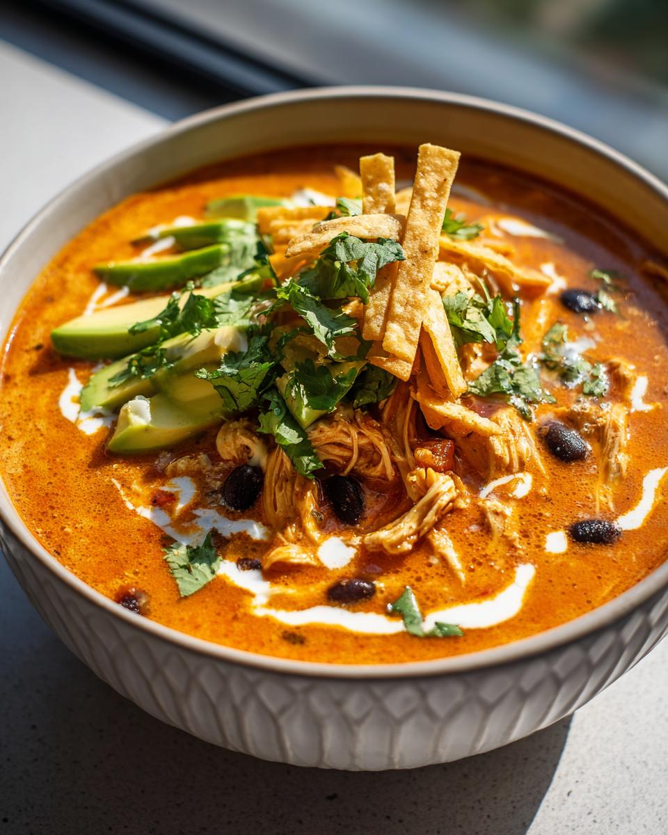 A close-up of a bowl of creamy tortilla soup, loaded with shredded chicken, black beans, avocado slices, and crispy tortilla strips.