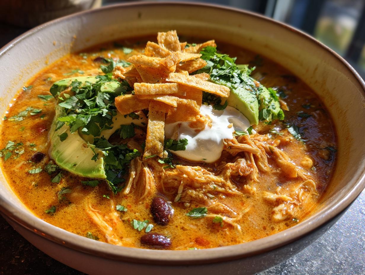 A close-up of creamy tortilla soup featuring shredded chicken, avocado slices, sour cream, and crispy tortilla strips.