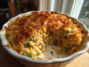 A creamy tuna pasta casserole in a white dish, featuring macaroni, peas, corn, and a crispy, golden breadcrumb topping.