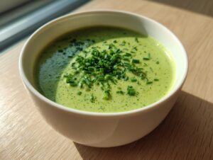 A bowl of vibrant green, creamy zucchini soup garnished generously with chopped fresh chives.