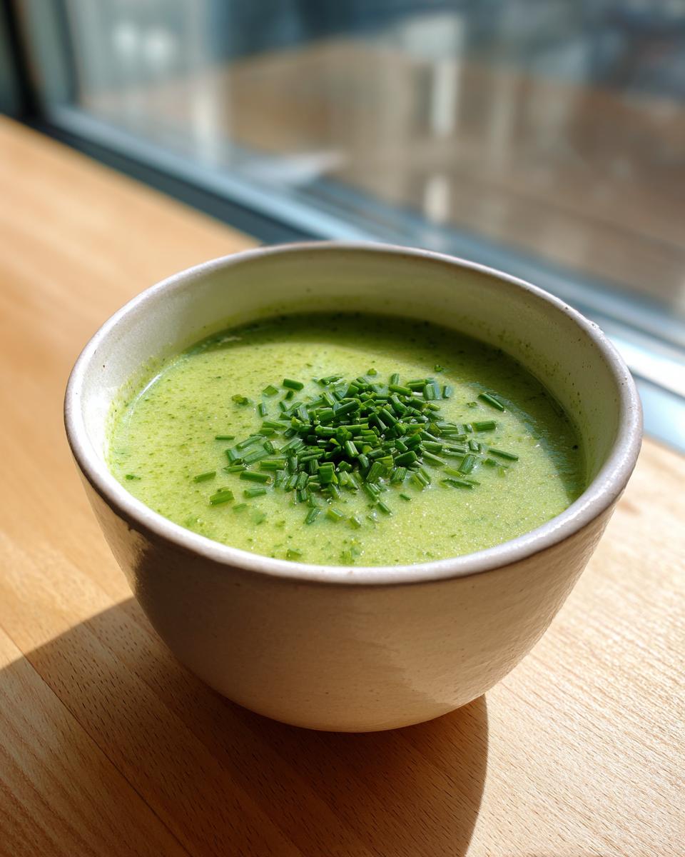 A bowl of vibrant green creamy zucchini soup topped generously with freshly chopped chives.