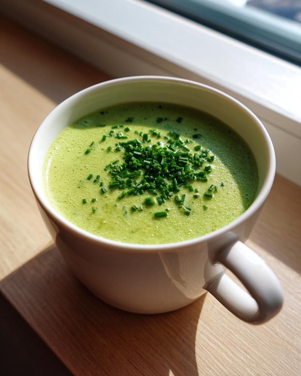 A bright green, creamy zucchini soup served in a white mug, topped generously with chopped fresh chives.