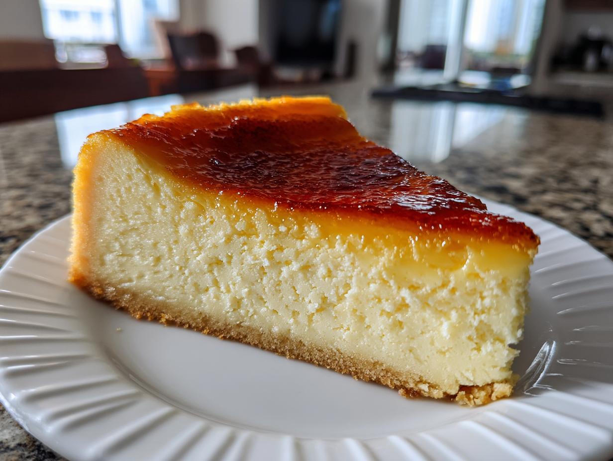 A perfect slice of creme brulee cheesecake with a caramelized top resting on a white plate.