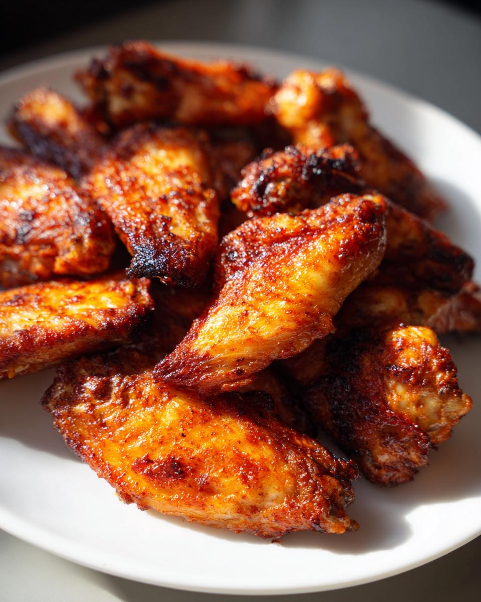 A close-up of perfectly cooked, golden-brown, and crispy air fryer chicken wings piled on a white plate.