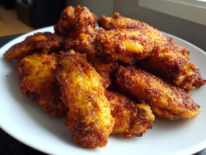 A close-up of a pile of golden-brown, seasoned crispy air fryer chicken wings served on a white plate.