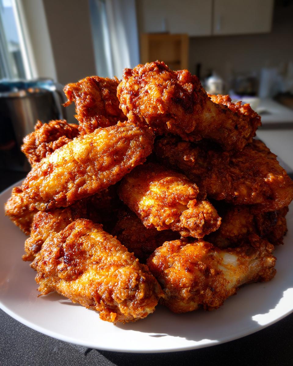 A large pile of golden-brown, crispy air fryer chicken wings stacked high on a white plate, catching bright sunlight.