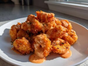 A pile of golden, crispy bang bang shrimp generously drizzled with a creamy orange sauce on a white plate.