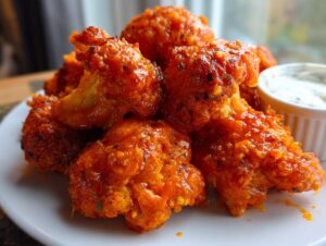 A close-up of crispy, saucy buffalo cauliflower bites piled on a white plate next to a small cup of ranch dressing.
