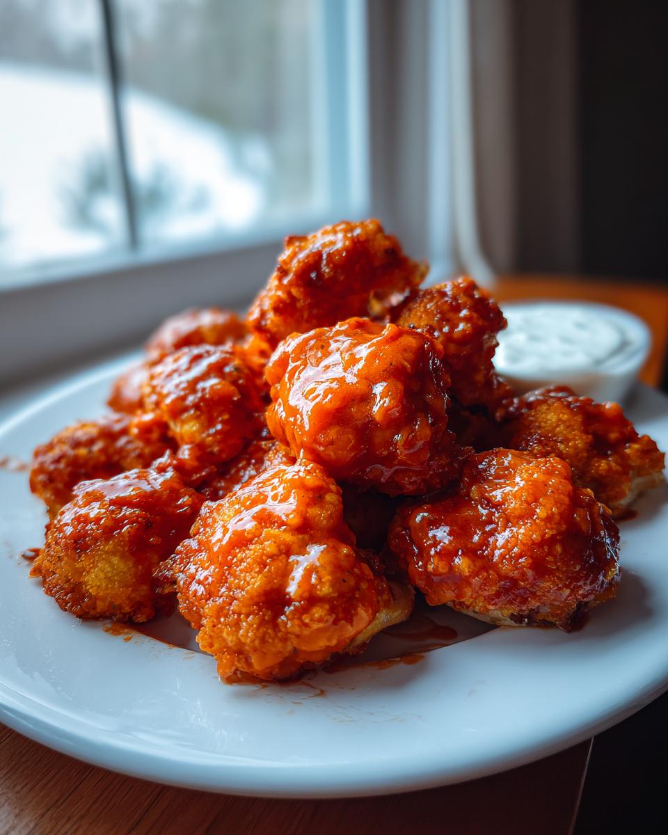 Close-up of crispy, saucy buffalo cauliflower bites piled on a white plate with a side of dip.