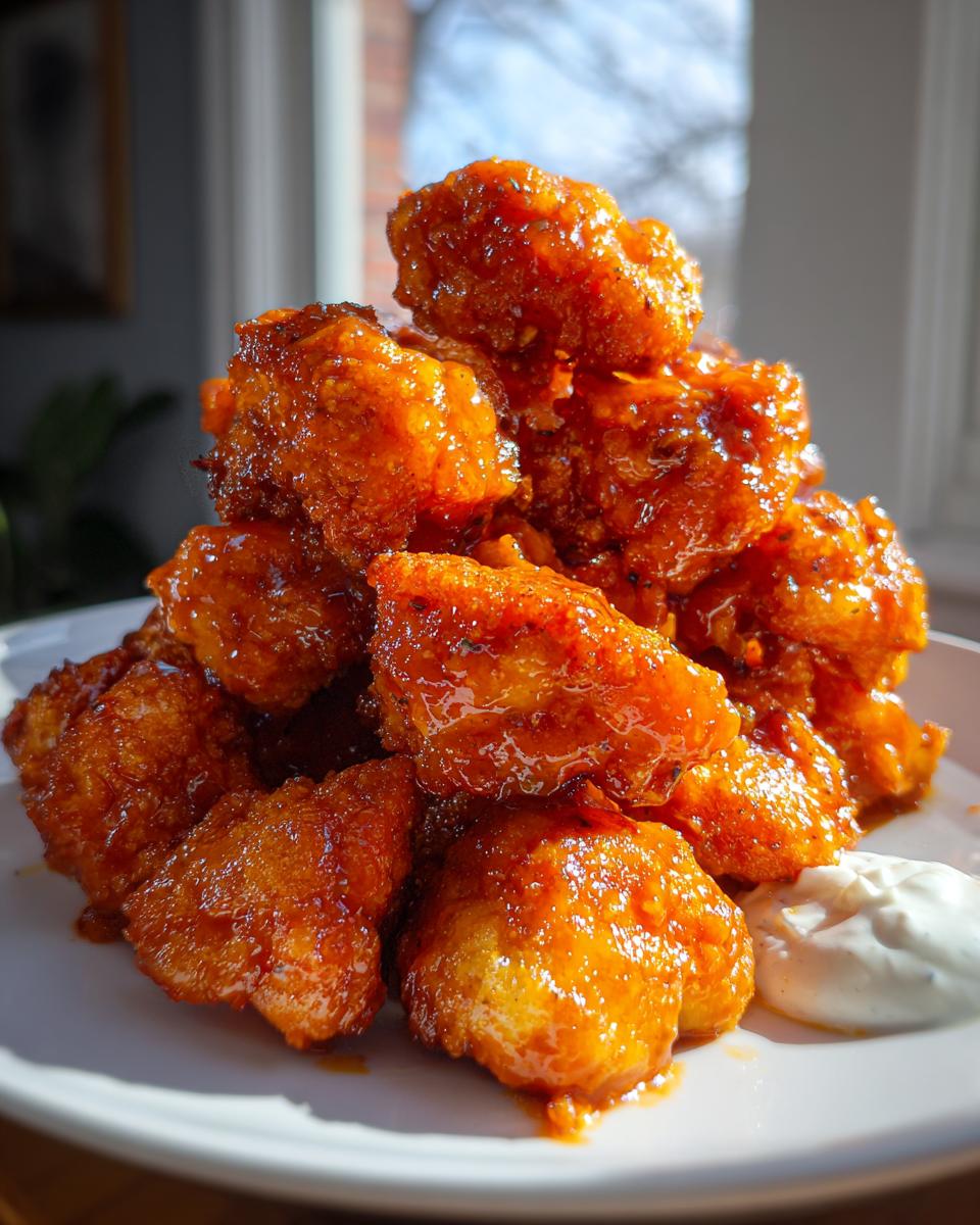 A tall pile of crispy, saucy buffalo cauliflower bites served on a white plate with a side of ranch or blue cheese dip.