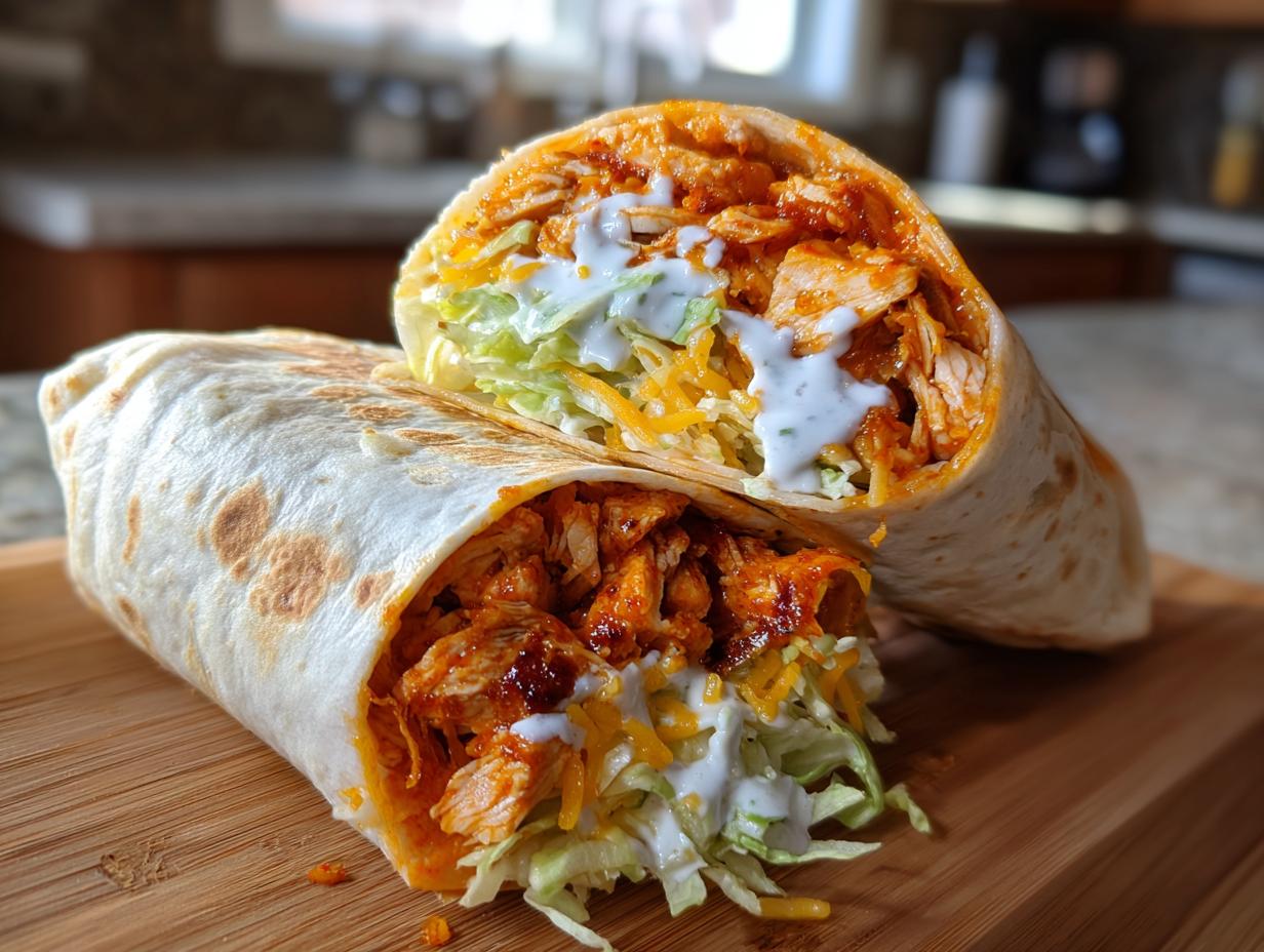 A crispy buffalo chicken wrap cut in half, revealing shredded chicken coated in sauce, lettuce, cheese, and ranch dressing.