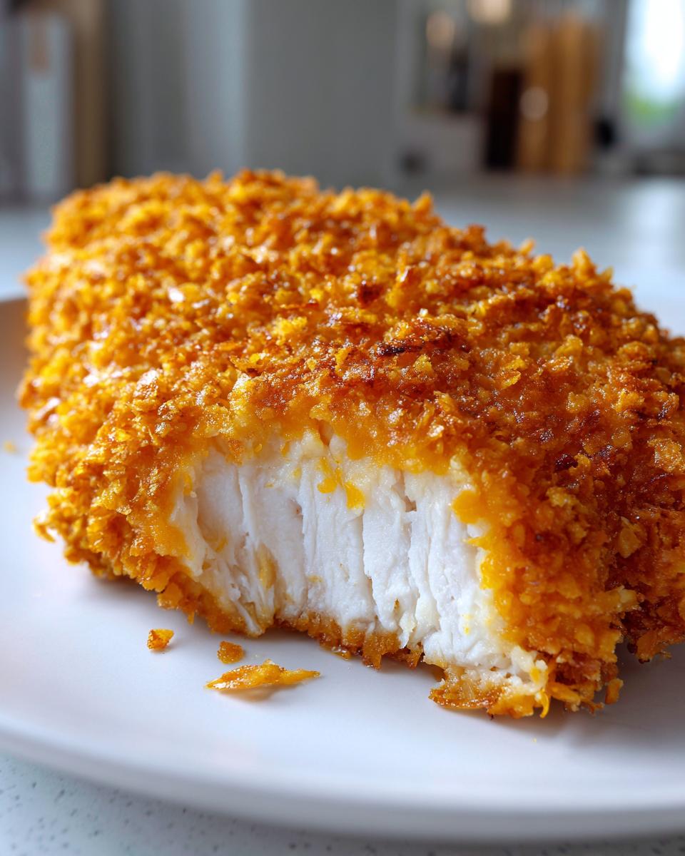 A close-up view of a piece of crispy cheddar chicken cut open, showing the golden, crunchy coating and moist white interior.