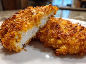 Close-up of a crispy cheddar chicken fillet cut in half, showing the juicy white meat inside the golden crust.