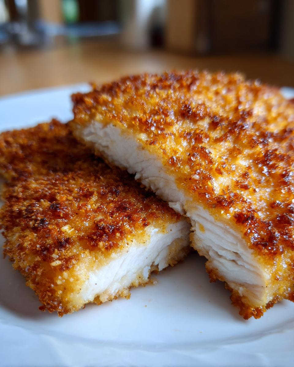 Close-up of two pieces of crispy cheddar chicken, showing the juicy white meat inside and golden-brown crust.